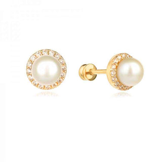 златни обеци, цирконий, бяла перла