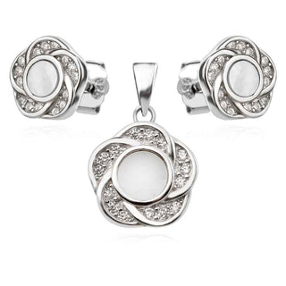 сребърен комплект, седеф, цирконий, родиево покритие