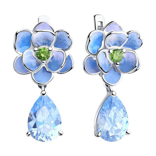 сребърни обеци, висящи обеци, цвете, син цирконий, цветен емайл, Sokolov