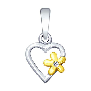 нежен сребърен медальон, сърце, цвете, диамант, родиево покритие, Sokolov