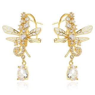 сребърни обеци, водно конче, жълта позлата, емайл, цирконий, Amore Arte,