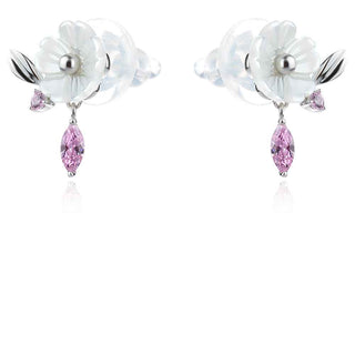 сребърни обеци, цвете, бял седеф, цветен цирконий, родиево покритие,