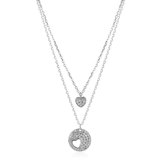 сребърно колие, двойно сребърно колие, сърце, цирконий, родиево покритие,