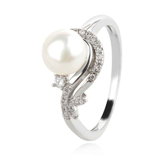 нежен сребърен пръстен, флорални мотиви, бяла перла, цирконий, родиево покритие,