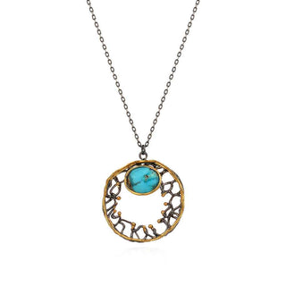 сребърно колие, естествени камъни, тюркоаз, покритие от рутений, жълта позлата