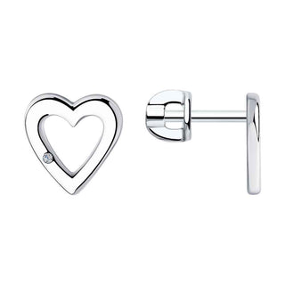 сребърни обеци, брилянти, сърце, родиево покритие, sokolov,