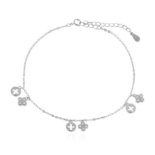 сребърна гривна за глезен, цирконий, родиево покритие, висящи елементи