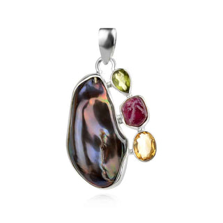 сребърен медальон, черна перла Барок, цитрин, рубин, перидот