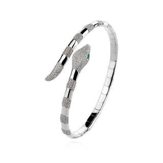 твърда сребърна гривна, змия, цирконий, родиево покритие