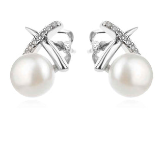 сребърни обеци, перла, цирконий, родиево покритие