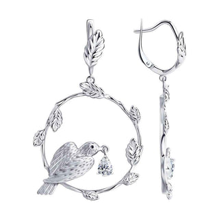 атрактивни сребърни обеци, птица, венец, родиево покритие, кристал Swarovski, sokolov,