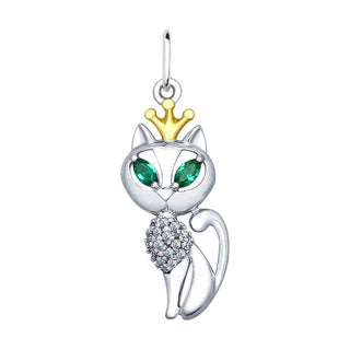 сребърен медальон, коте, цирконий, родиево покритие, sokolov,