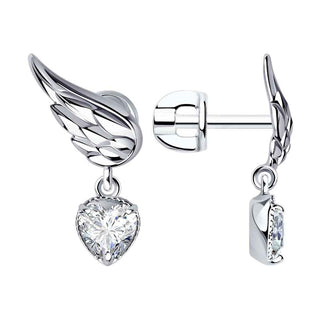 нежни сребърни обеци, ангелски крила, сърце, цирконий, родиево покритие, sokolov,колекция свобода