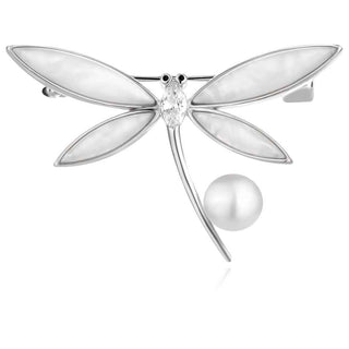 сребърна брошка, емайл, перла, цирконий, водно конче