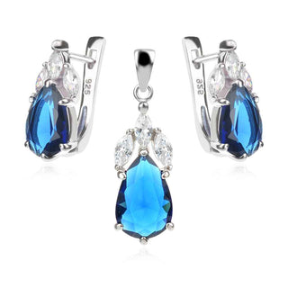 сребърен комплект, син и бял циркон, капка, родиево покритие