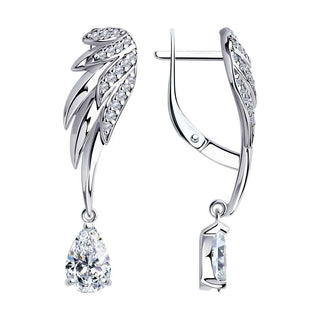 атрактивни сребърни обеци, ангелски крила, цирконий, капка, родиево покритие, колекция свобода, sokolov,