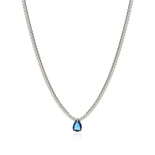 сребърно колие, цирконий, родиево покритие, син циркон, капка