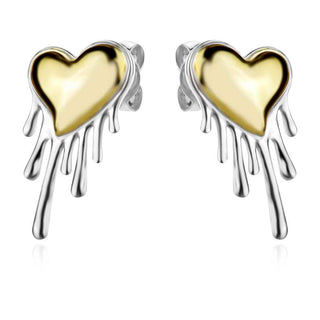 сребърни обеци, без камък, родиево покритие, сърце, жълта позлата