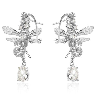 сребърни обеци, цветен емайл, цирконий, родиево покритие, водно конче, Amore Arte,