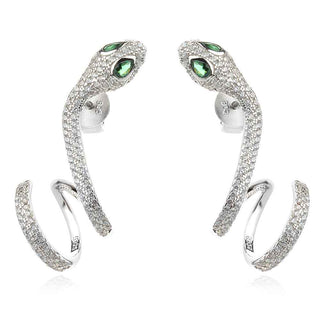 сребърни обеци, цирконий, родиево покритие, змия, по модел на Bvlgari,