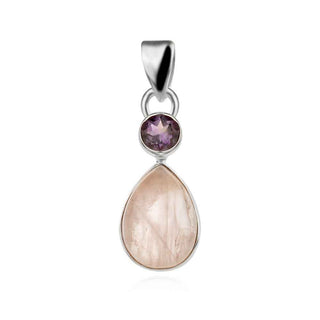 сребърен медальон, естествени камъни, аметист, розов кварц,