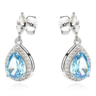 сребърни обеци, син мойсанит, цирконий, родиево покритие, капка