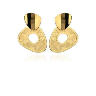 The gold earrings are shaped like a heart.