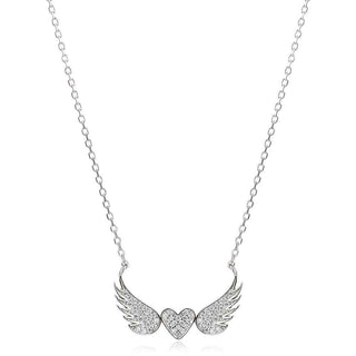 нежно сребърно колие, ангелски крила, сърце, цирконий, родиево покритие,
