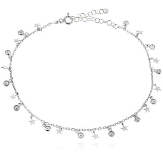 сребърна гривна за глезен, звезди, цирконий, родиево покритие
