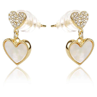 сребърни обеци, сърце, седеф, цирконии, жълта позлата