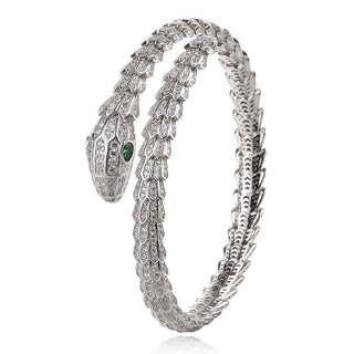 твърда сребърна гривна, по модел на Bvlgari, змия, цирконии, родиево покритие,