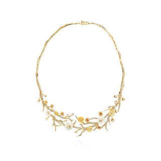 твърдо сребърно колие, жълта позлата, седеф, цирконий, подходящо за повод, цвете, ganezzi,