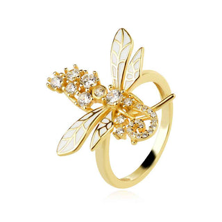 сребърен пръстен, водно конче, жълта позлата, емайл, цирконий, Amore Arte,