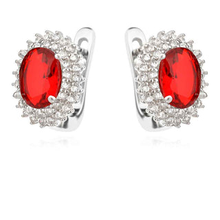 сребърни обеци, червен и бял циркон, родиево покритие