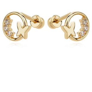 златни обеци, жълто злато, цирконий, подходящи за дете, пеперуда