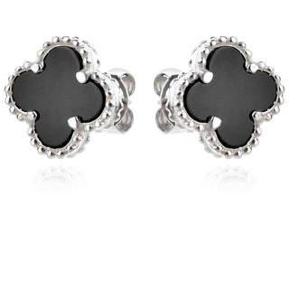 сребърни обеци, цвете, оникс, родиево покритие,