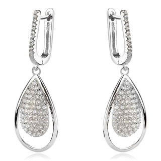 висящи сребърни обеци, циркон, капковидна форма, родиево покритие