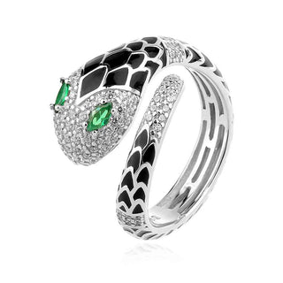 сребърен пръстен, змия, черен емайл, цирконий, по модел на Bvlgari,