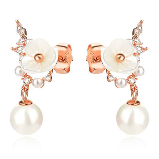 сребърни обеци, седеф, перла, цирконий, розова позлата, цвете