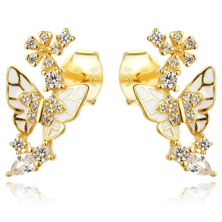 сребърни обеци, пеперуда, цветен емайл, жълта позлата, Amore Arte,