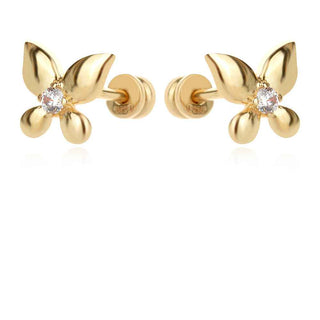 златни обеци, жълто злато, цирконий, подходящи за дете, пеперуда