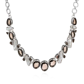 сребърно колие, естествени камъни, перла барок, опушен кварц