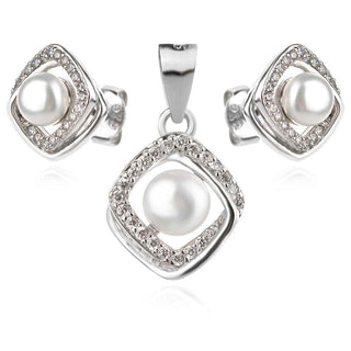 сребърен комплект, перла, цирконий, родиево покритие