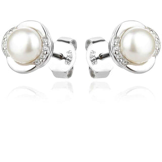сребърни обеци, бяла перла, цирконий, родиево покритие