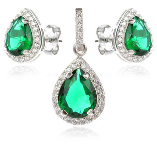 нежен сребърен комплект, бял и зелен циркон, капка, родиево покритие