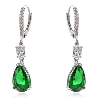 висящи сребърни обеци, капка, зелен циркон, родиево покритие
