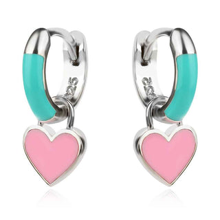 сребърни обеци, сърце, емайл, родиево покритие, подходящи за дете,