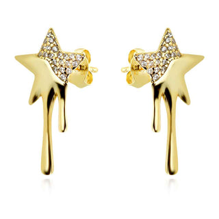 сребърни обеци, цирконий, жълта позлата, звезда