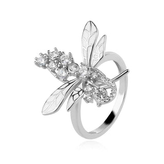 сребърен пръстен, цветен емайл, цирконий, родиево покритие, водно конче, Amore Arte,