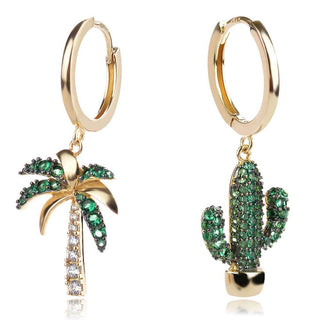 асиметрични сребърни обеци във формата на палма и кактус